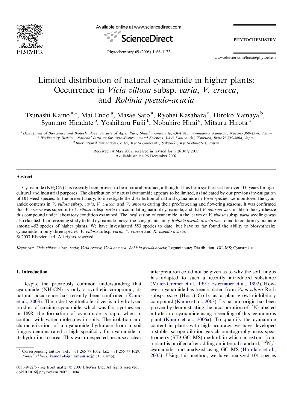 Limited distribution of natural cyanamide in higher plants: Occurrence in Vicia villosa subsp. varia, V. cracca, and Robinia pseudo-acacia