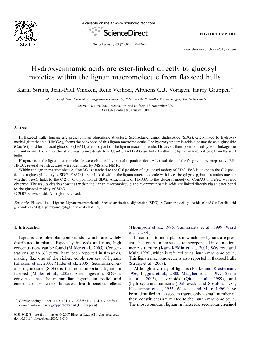 عکس صفحه اول مقاله: Hydroxycinnamic acids are ester-linked directly to glucosyl moieties within the lignan macromolecule from flaxseed hulls Hydroxycinnamic acids are ester-linked directly to glucosyl moieties within the lignan macromolecule from flaxseed hulls