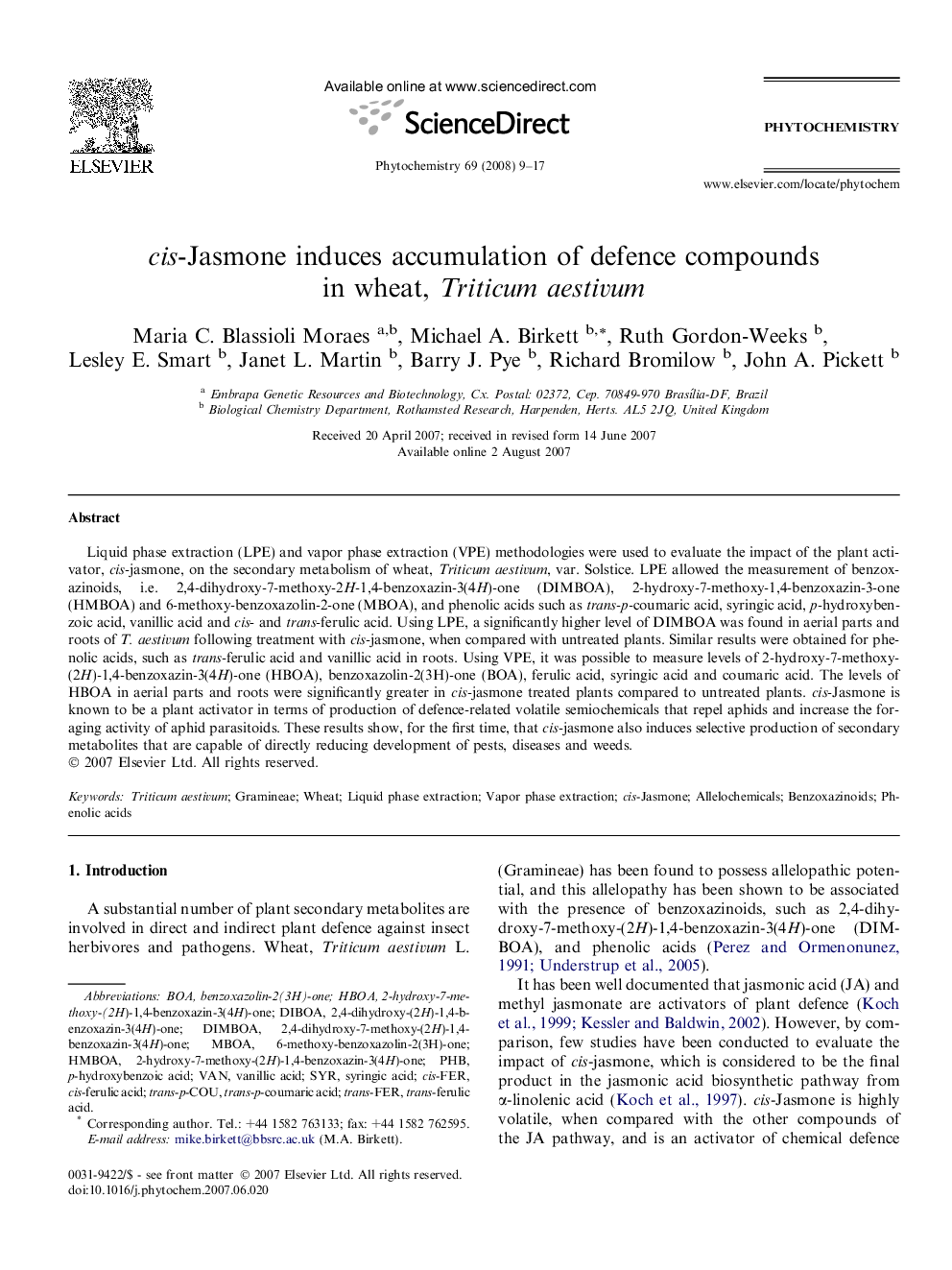 cis-Jasmone induces accumulation of defence compounds in wheat, Triticum aestivum