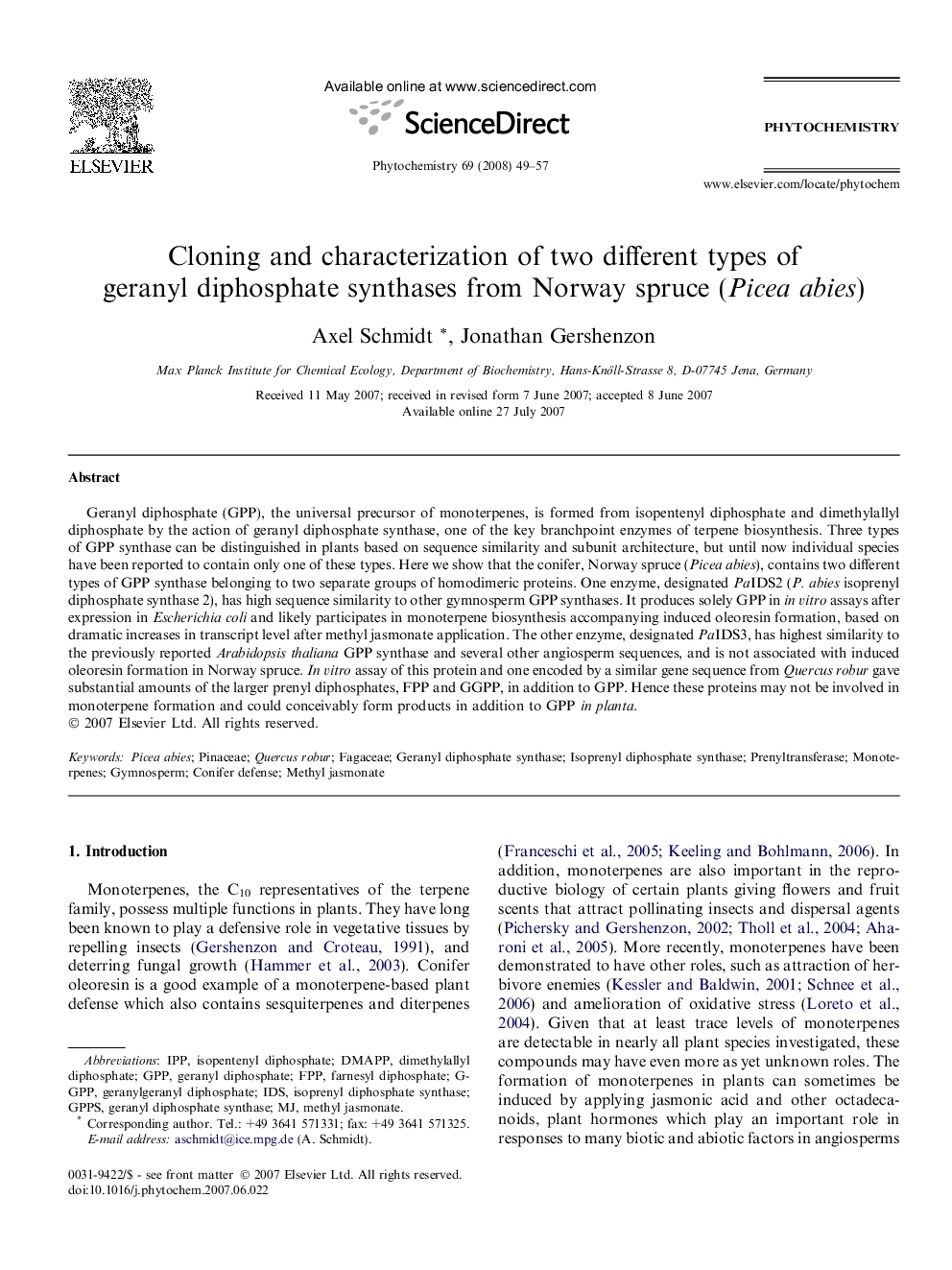 Cloning and characterization of two different types of geranyl diphosphate synthases from Norway spruce (Picea abies)