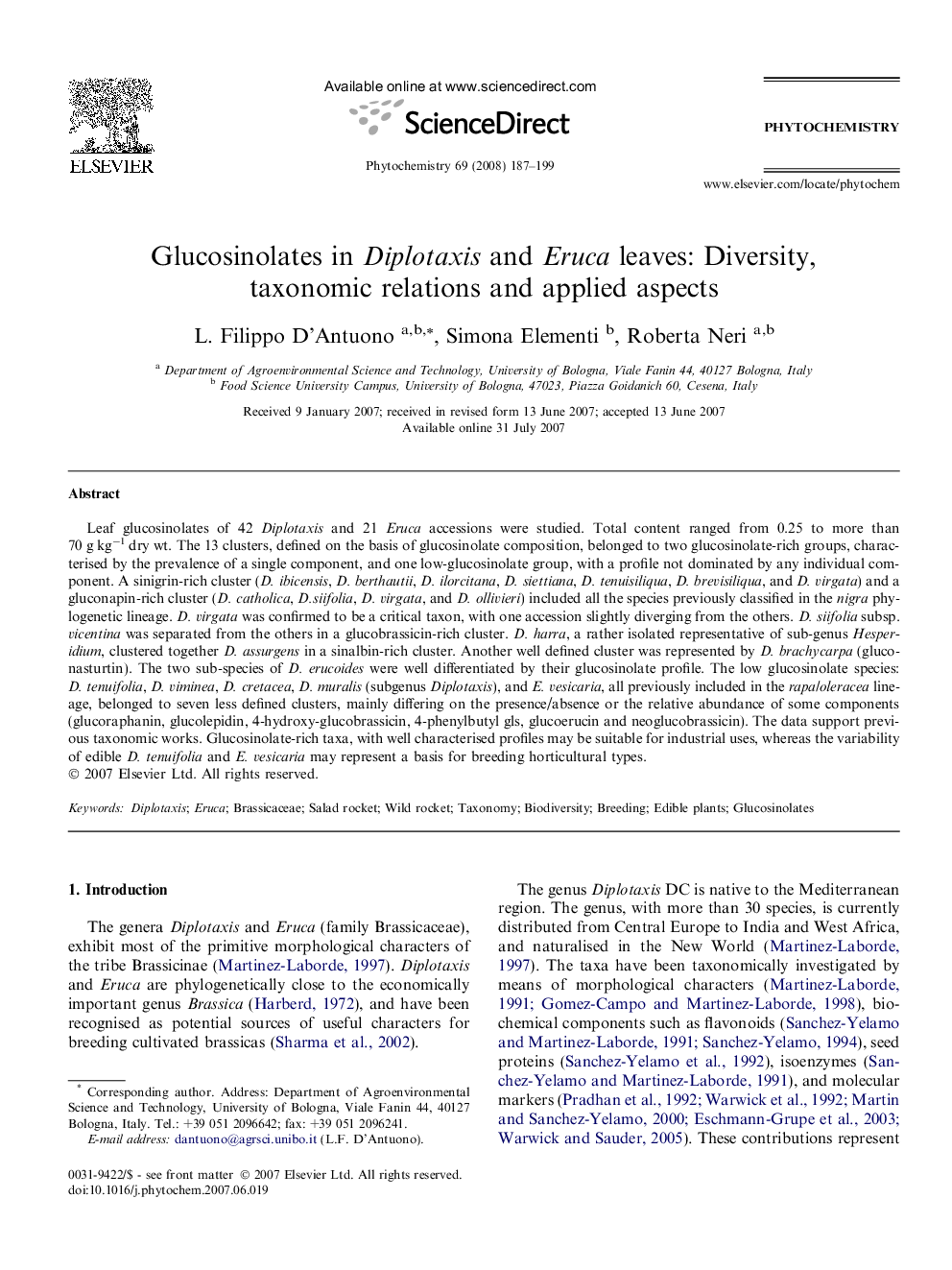 Glucosinolates in Diplotaxis and Eruca leaves: Diversity, taxonomic relations and applied aspects