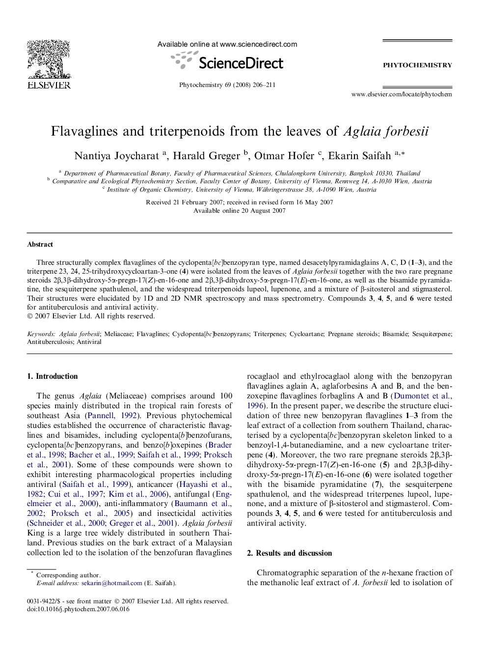 Flavaglines and triterpenoids from the leaves of Aglaia forbesii