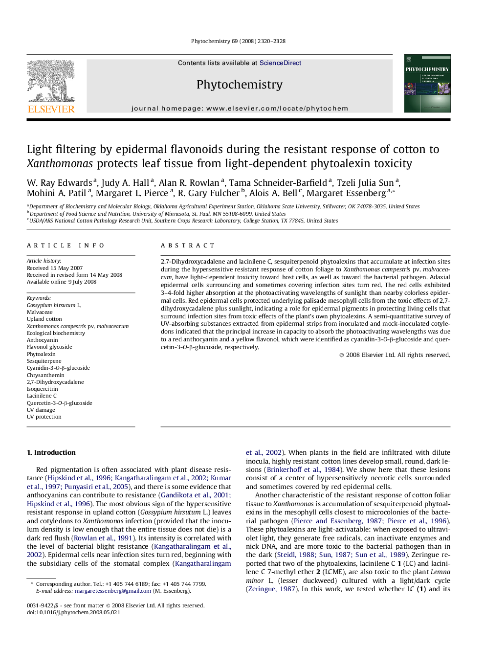 Light filtering by epidermal flavonoids during the resistant response of cotton to Xanthomonas protects leaf tissue from light-dependent phytoalexin toxicity