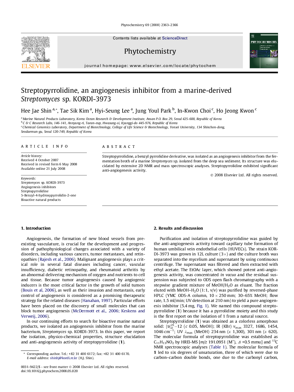 Streptopyrrolidine, an angiogenesis inhibitor from a marine-derived Streptomyces sp. KORDI-3973