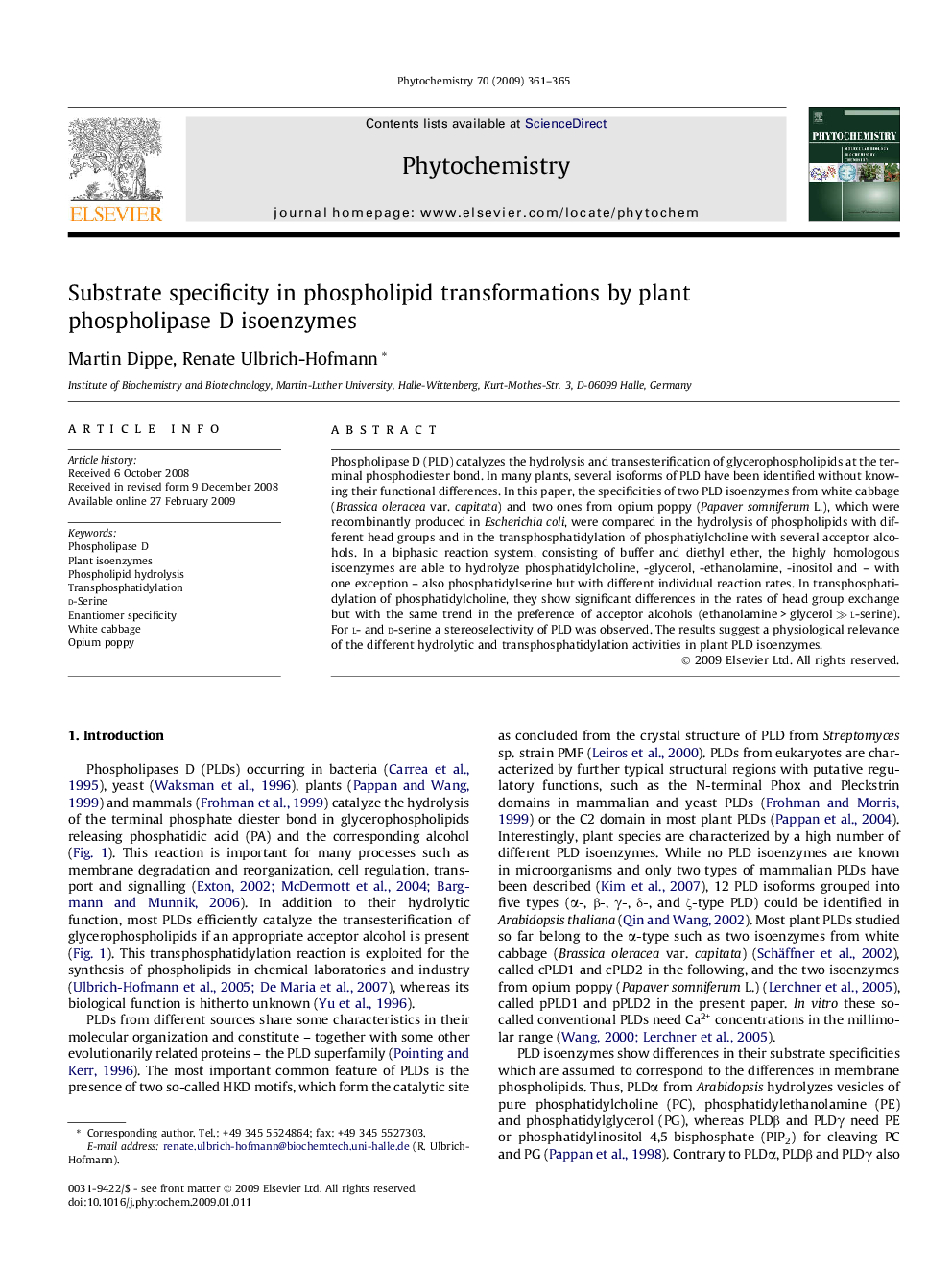 Substrate specificity in phospholipid transformations by plant phospholipase D isoenzymes