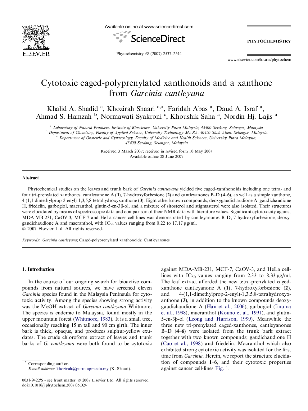 عکس صفحه اول مقاله: Cytotoxic caged-polyprenylated xanthonoids and a xanthone from Garcinia cantleyana Cytotoxic caged-polyprenylated xanthonoids and a xanthone from Garcinia cantleyana