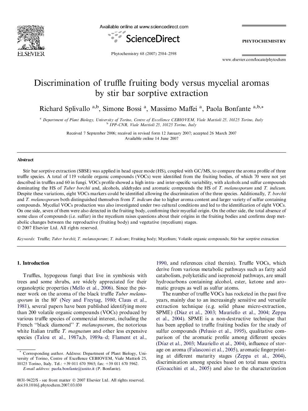 Discrimination of truffle fruiting body versus mycelial aromas by stir bar sorptive extraction