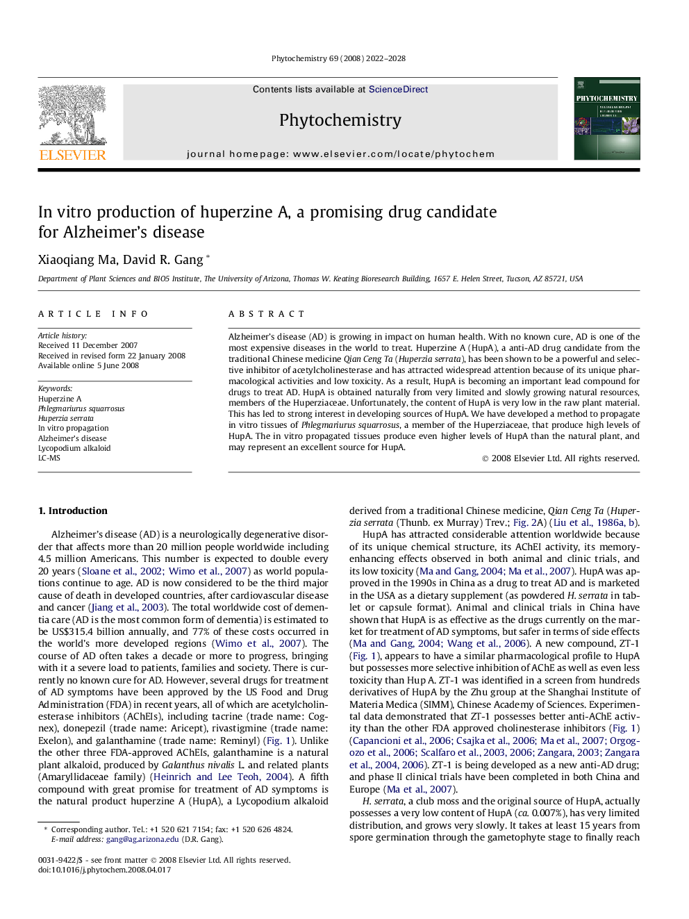 In vitro production of huperzine A, a promising drug candidate for Alzheimer's disease