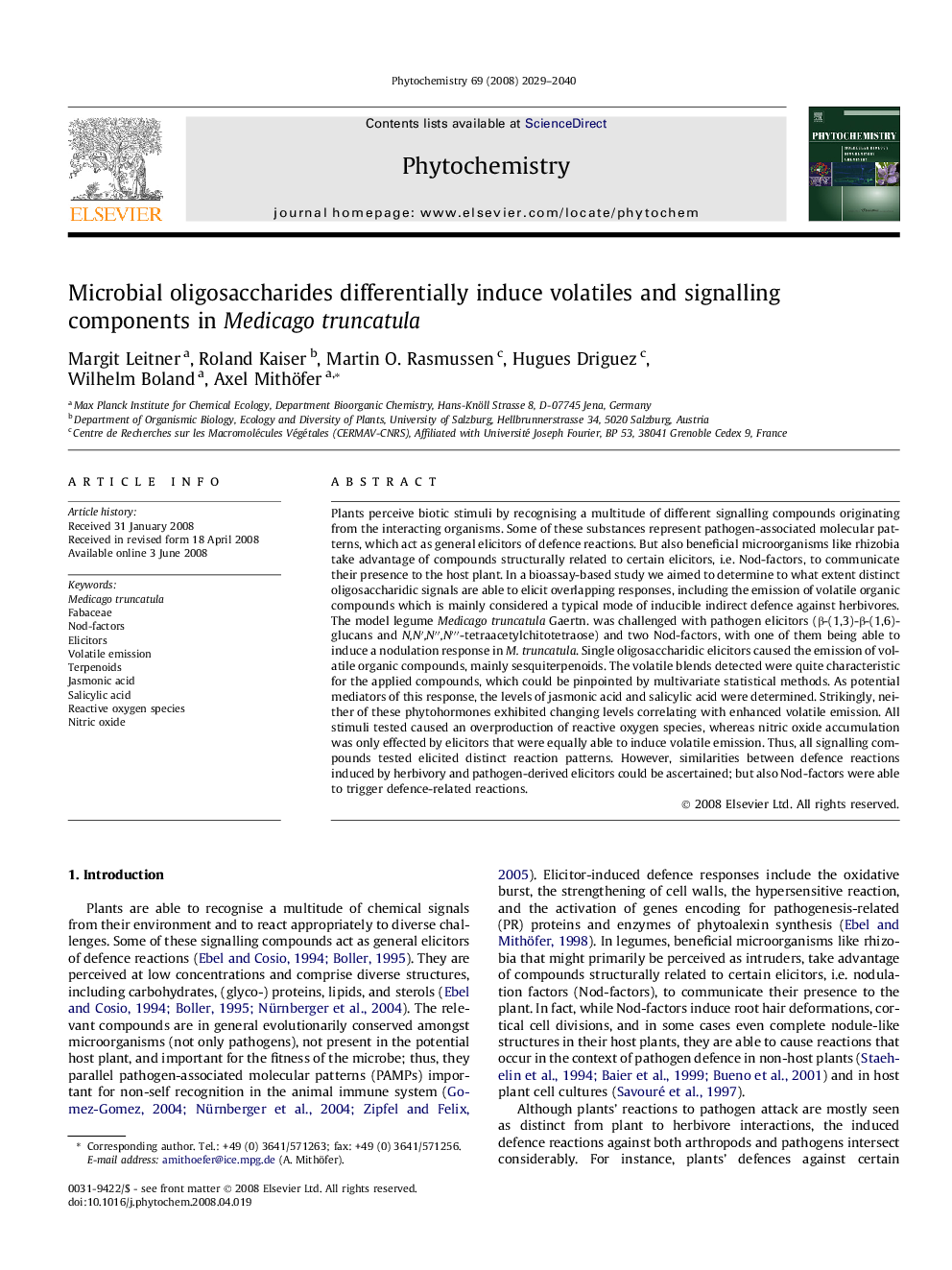 Microbial oligosaccharides differentially induce volatiles and signalling components in Medicago truncatula