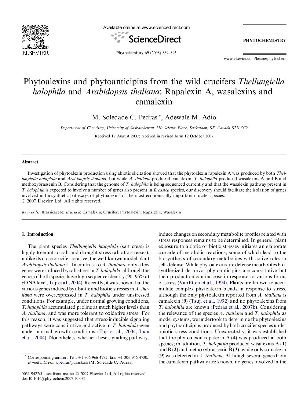 عکس صفحه اول مقاله: Phytoalexins and phytoanticipins from the wild crucifers Thellungiella halophila and Arabidopsis thaliana: Rapalexin A, wasalexins and camalexin Phytoalexins and phytoanticipins from the wild crucifers Thellungiella halophila and Arabidopsis thaliana: Rapalexin A, wasalexins and camalexin