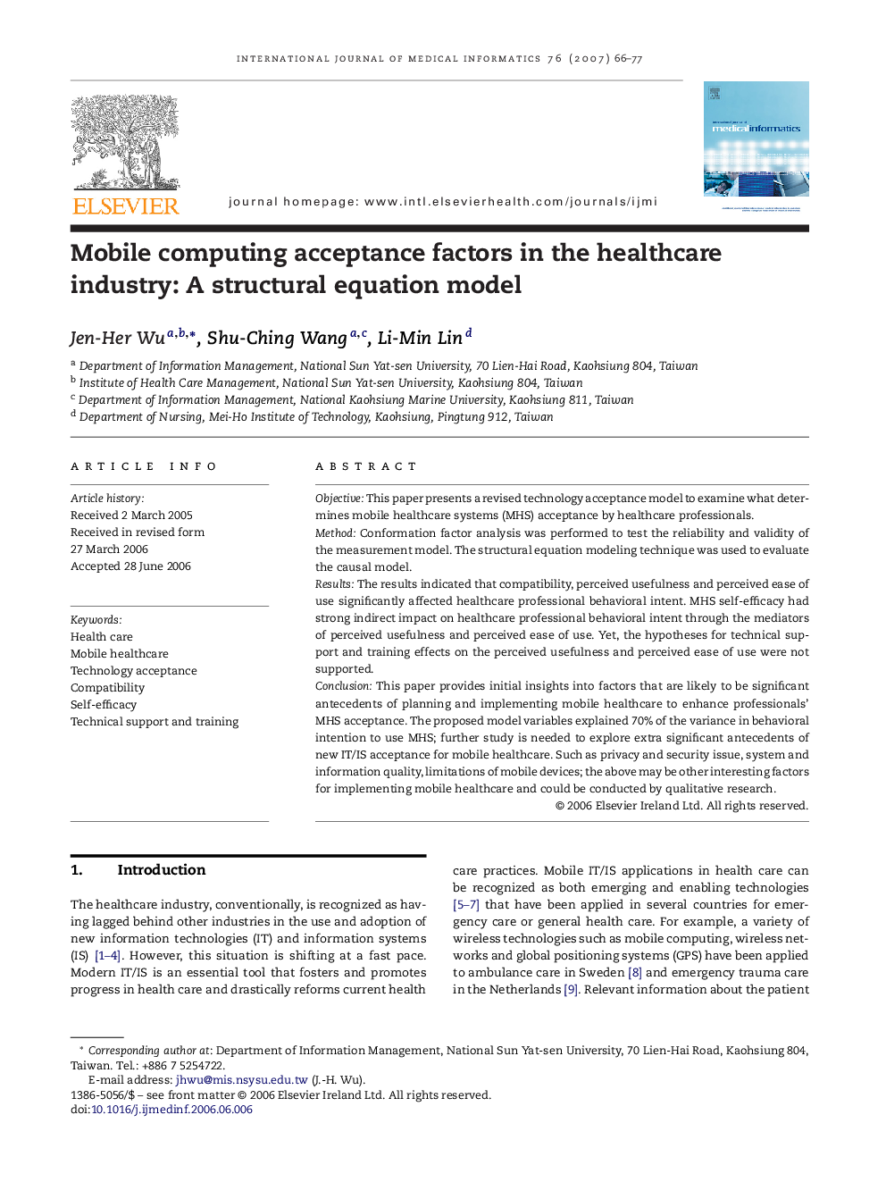 Mobile computing acceptance factors in the healthcare industry: A structural equation model