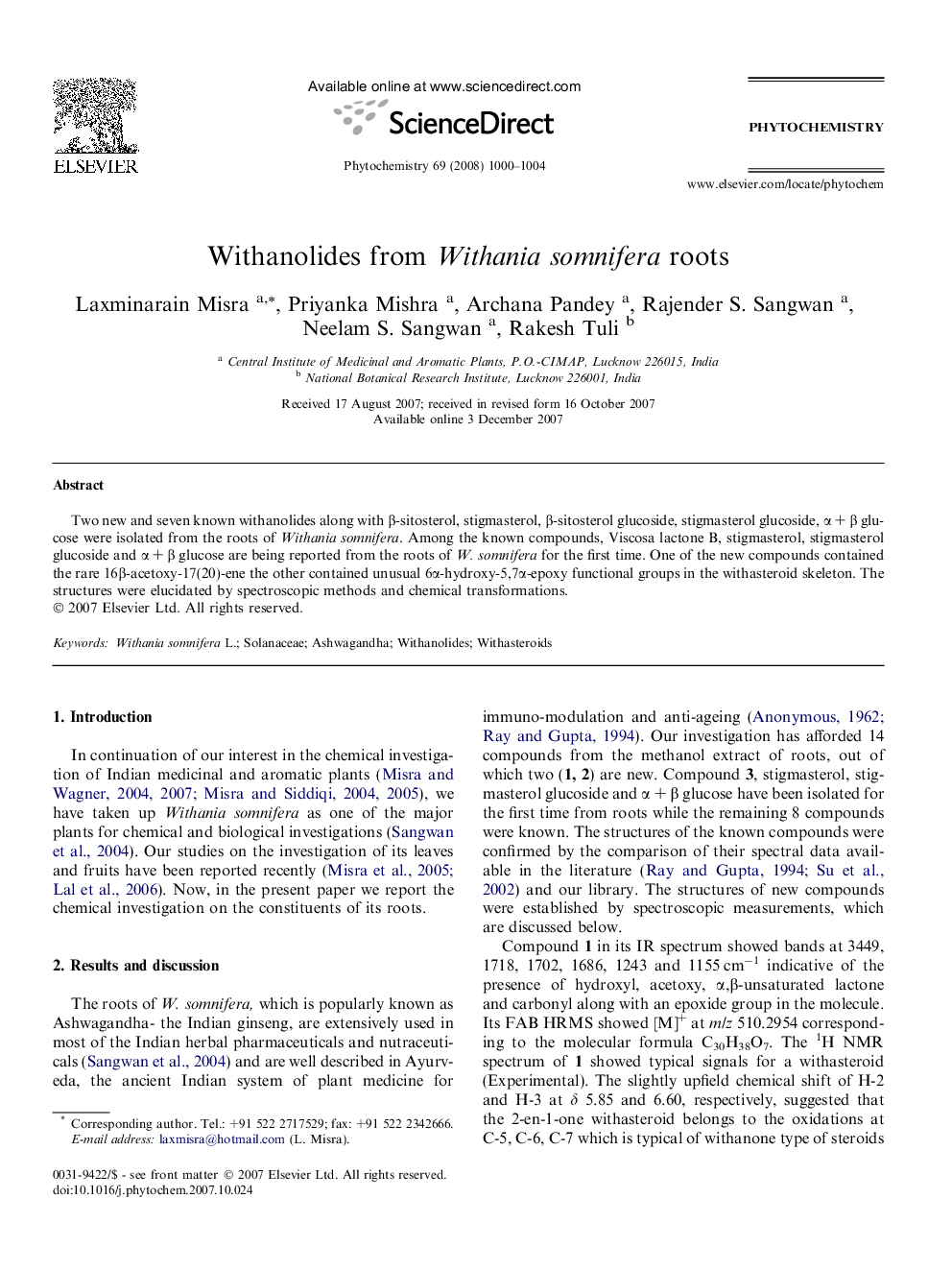 Withanolides from Withania somnifera roots