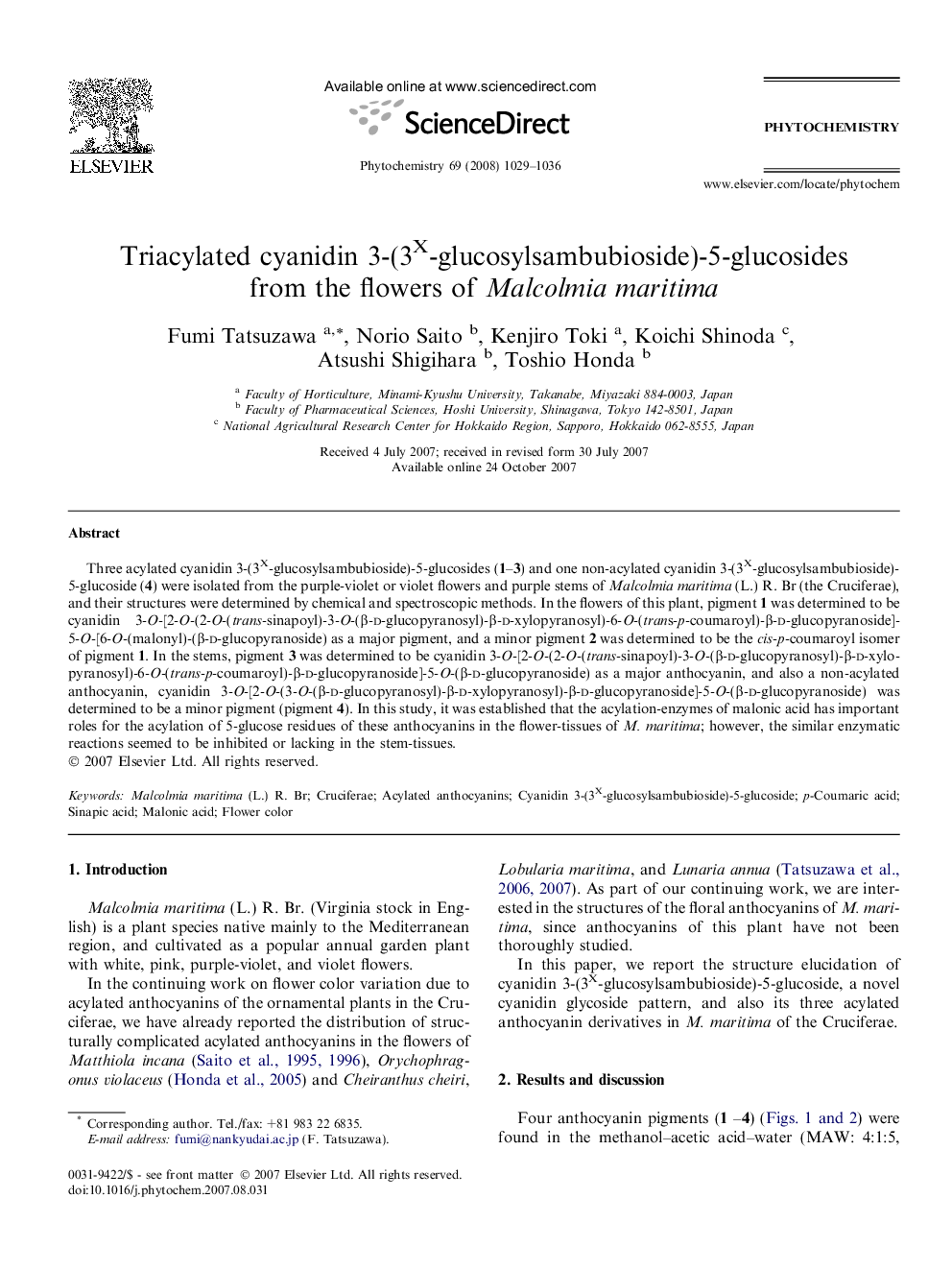 Triacylated cyanidin 3-(3X-glucosylsambubioside)-5-glucosides from the flowers of Malcolmia maritima