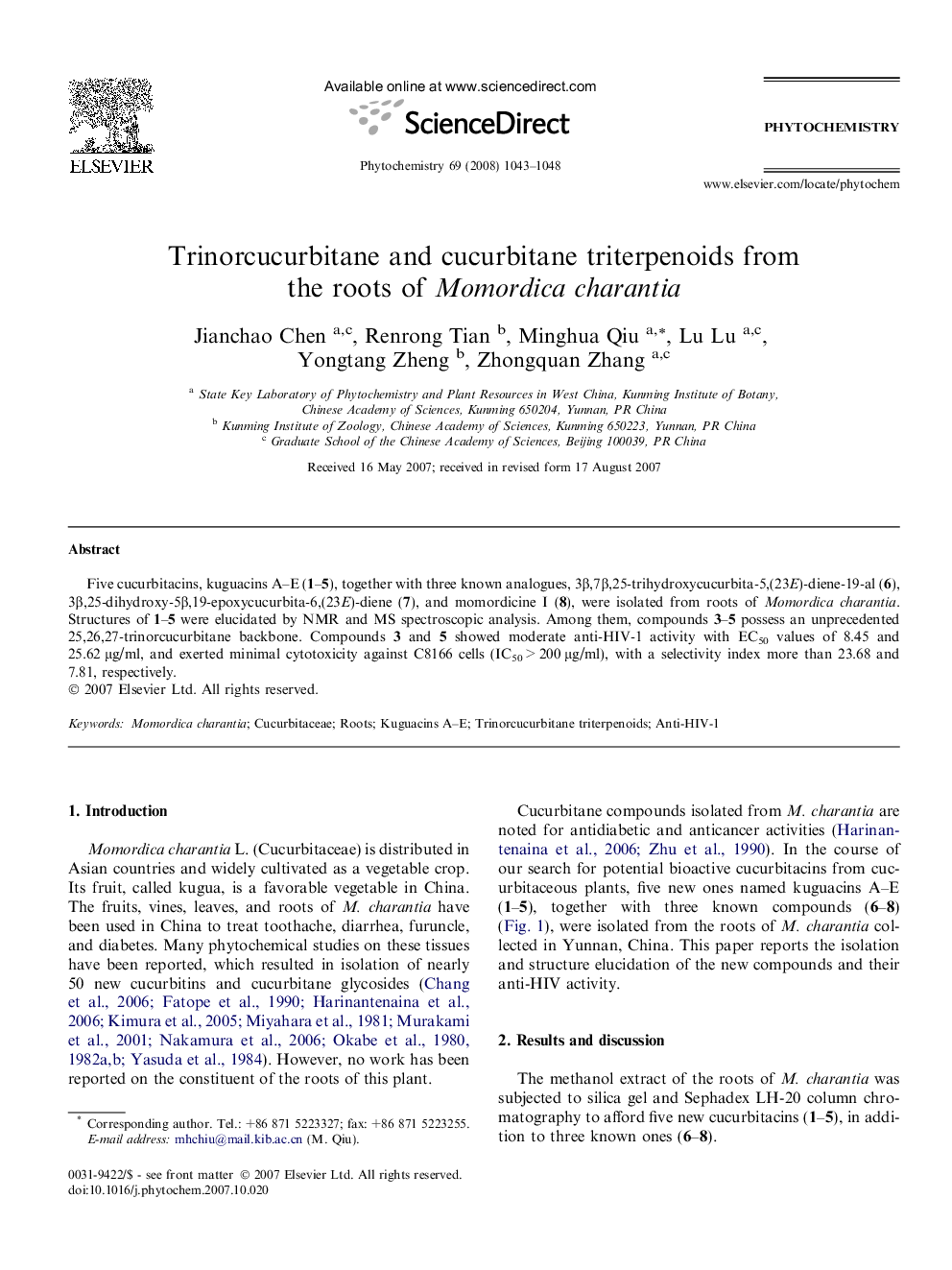 Trinorcucurbitane and cucurbitane triterpenoids from the roots of Momordica charantia