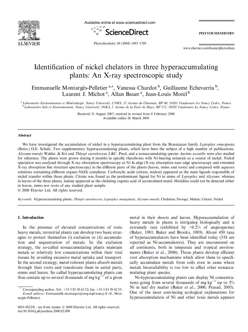 Identification of nickel chelators in three hyperaccumulating plants: An X-ray spectroscopic study