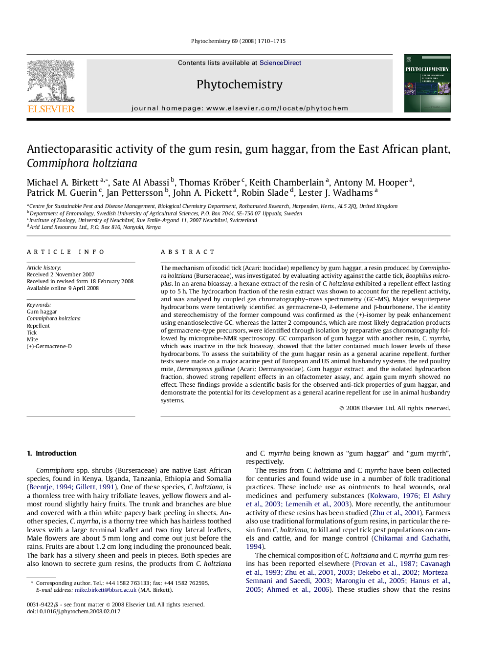 Antiectoparasitic activity of the gum resin, gum haggar, from the East African plant, Commiphora holtziana