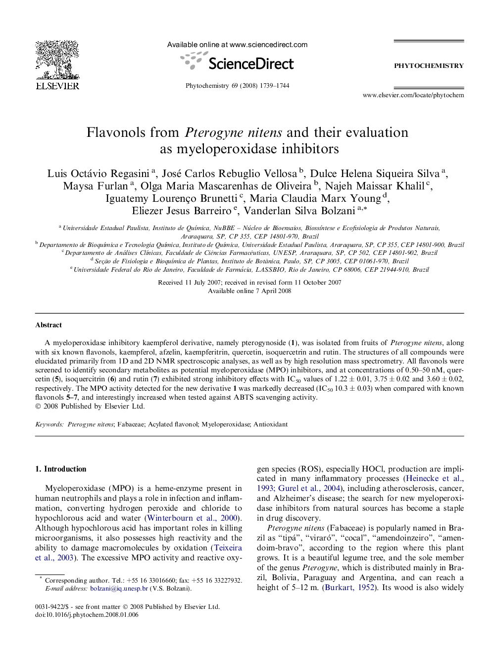 عکس صفحه اول مقاله: Flavonols from Pterogyne nitens and their evaluation as myeloperoxidase inhibitors Flavonols from Pterogyne nitens and their evaluation as myeloperoxidase inhibitors