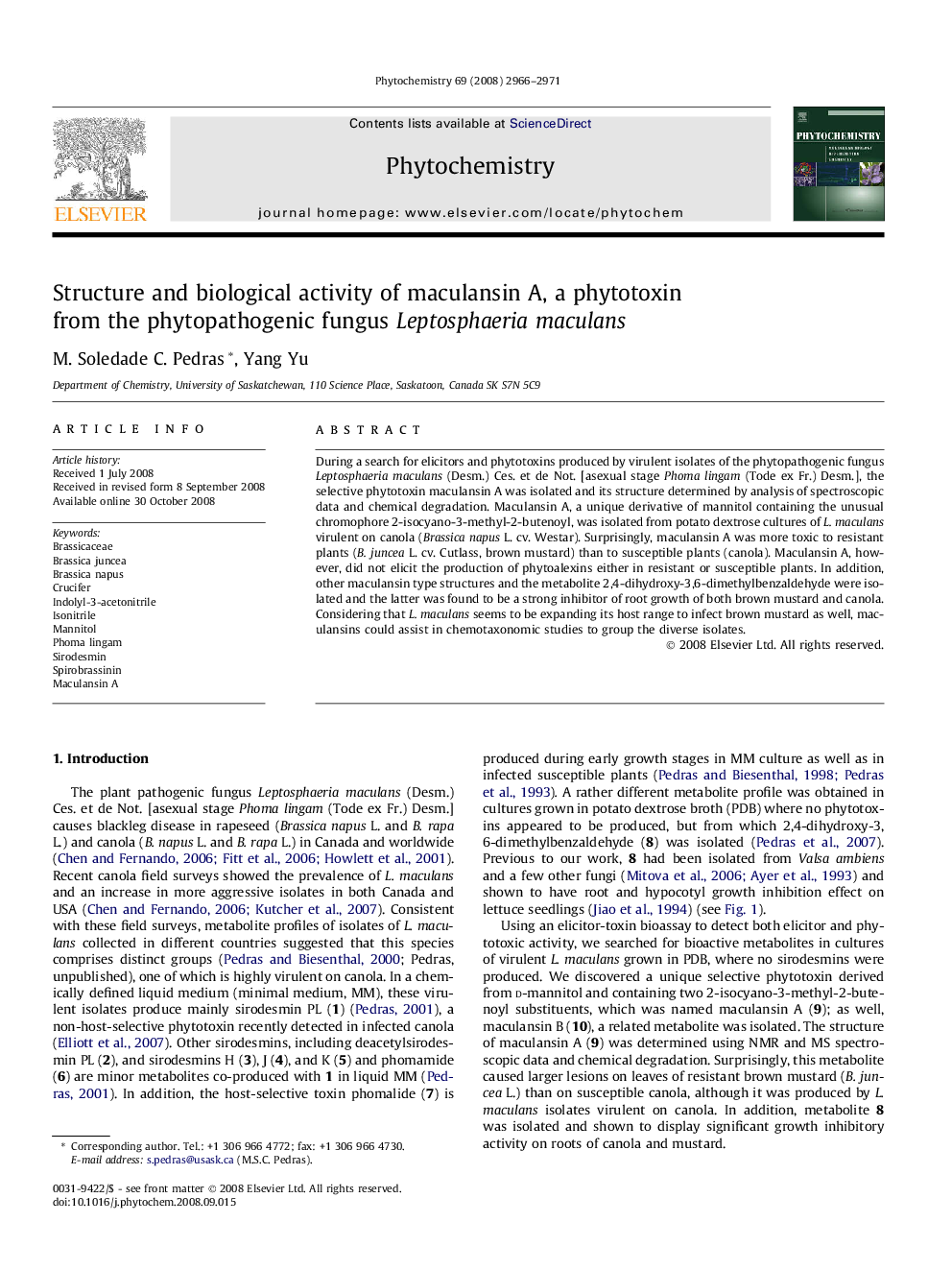 Structure and biological activity of maculansin A, a phytotoxin from the phytopathogenic fungus Leptosphaeria maculans