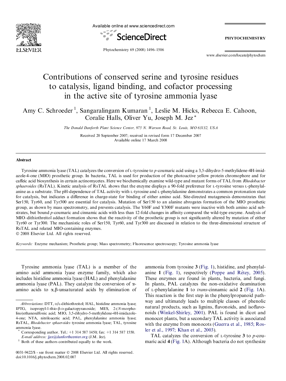 Contributions of conserved serine and tyrosine residues to catalysis, ligand binding, and cofactor processing in the active site of tyrosine ammonia lyase