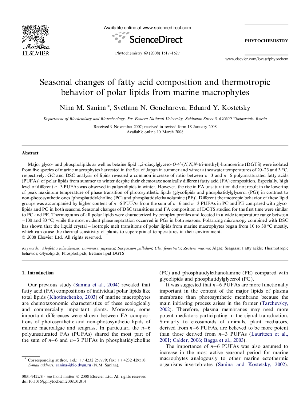 Seasonal changes of fatty acid composition and thermotropic behavior of polar lipids from marine macrophytes