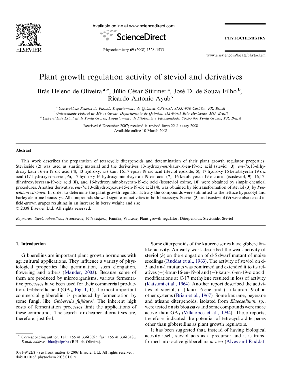 Plant growth regulation activity of steviol and derivatives