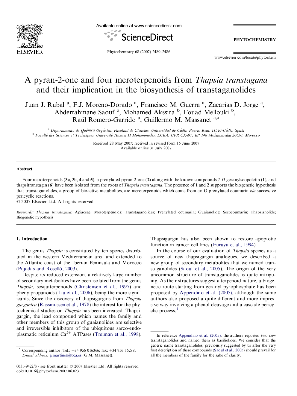 A pyran-2-one and four meroterpenoids from Thapsia transtagana and their implication in the biosynthesis of transtaganolides