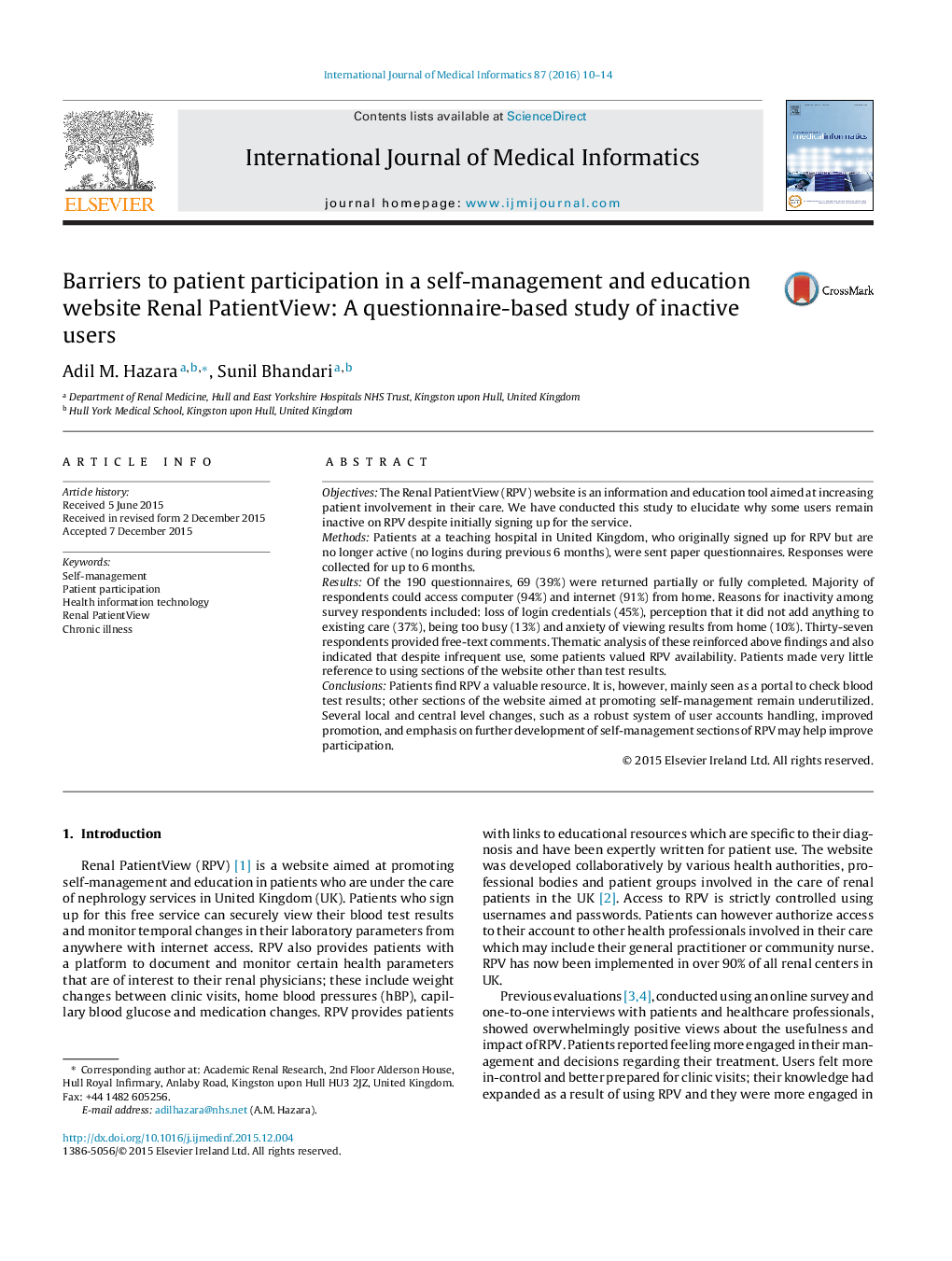 Barriers to patient participation in a self-management and education website Renal PatientView: A questionnaire-based study of inactive users