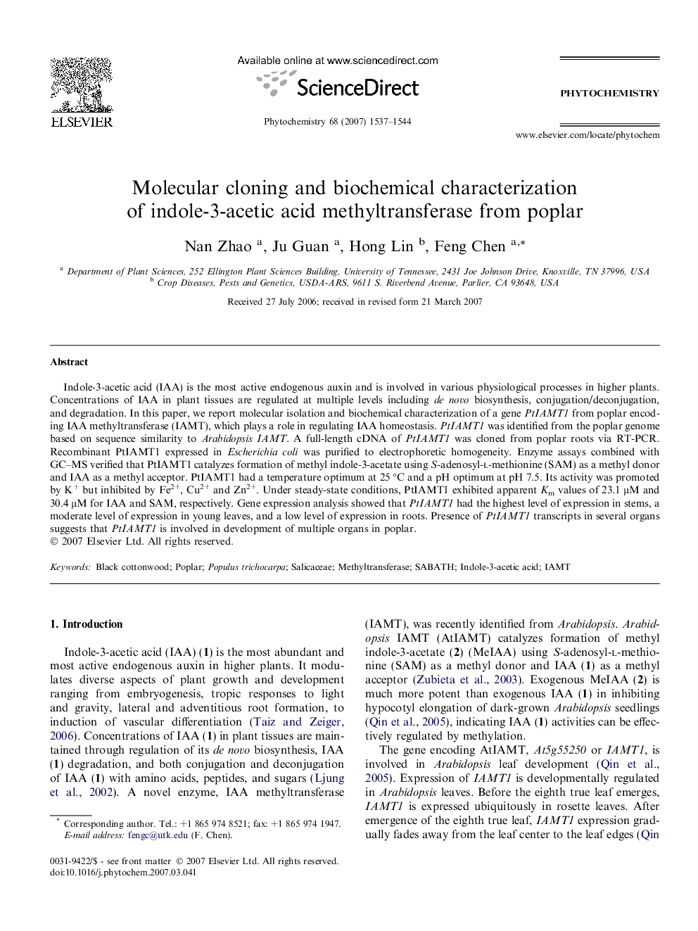 Molecular cloning and biochemical characterization of indole-3-acetic acid methyltransferase from poplar