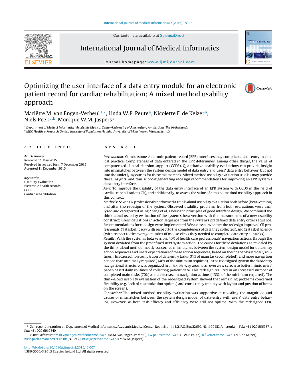 Optimizing the user interface of a data entry module for an electronic patient record for cardiac rehabilitation: A mixed method usability approach