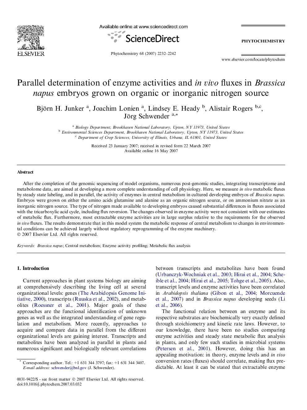 Parallel determination of enzyme activities and in vivo fluxes in Brassica napus embryos grown on organic or inorganic nitrogen source