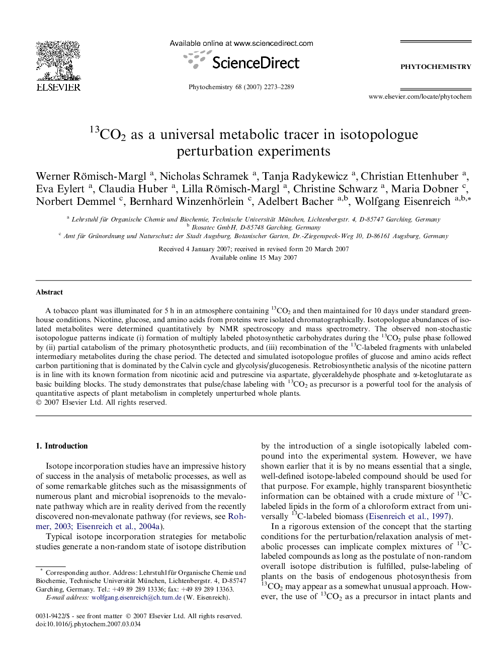 عکس صفحه اول مقاله: 13CO2 as a universal metabolic tracer in isotopologue perturbation experiments 13CO2 as a universal metabolic tracer in isotopologue perturbation experiments