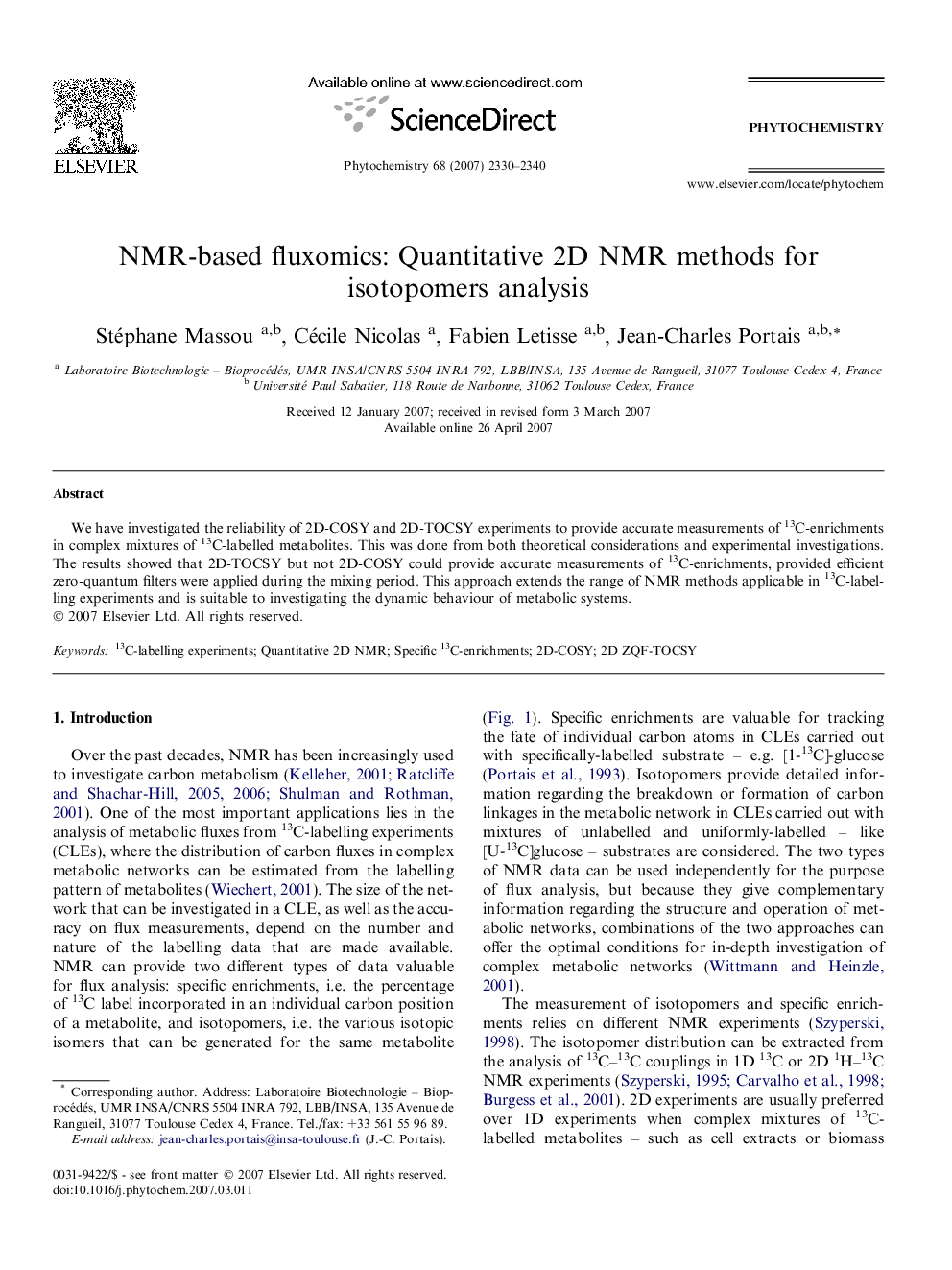 عکس صفحه اول مقاله: NMR-based fluxomics: Quantitative 2D NMR methods for isotopomers analysis NMR-based fluxomics: Quantitative 2D NMR methods for isotopomers analysis