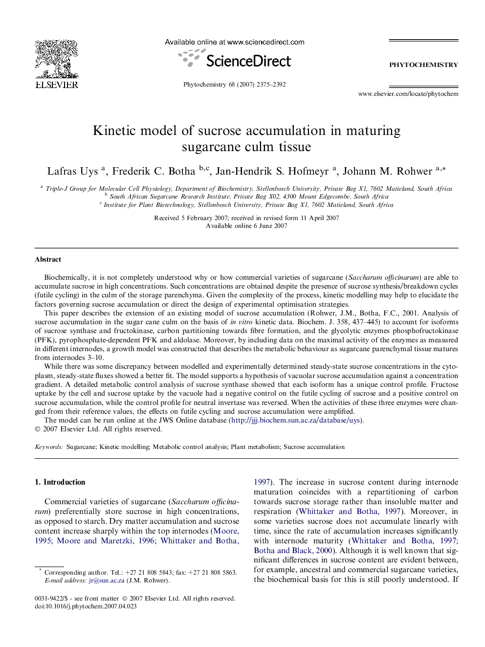 Kinetic model of sucrose accumulation in maturing sugarcane culm tissue