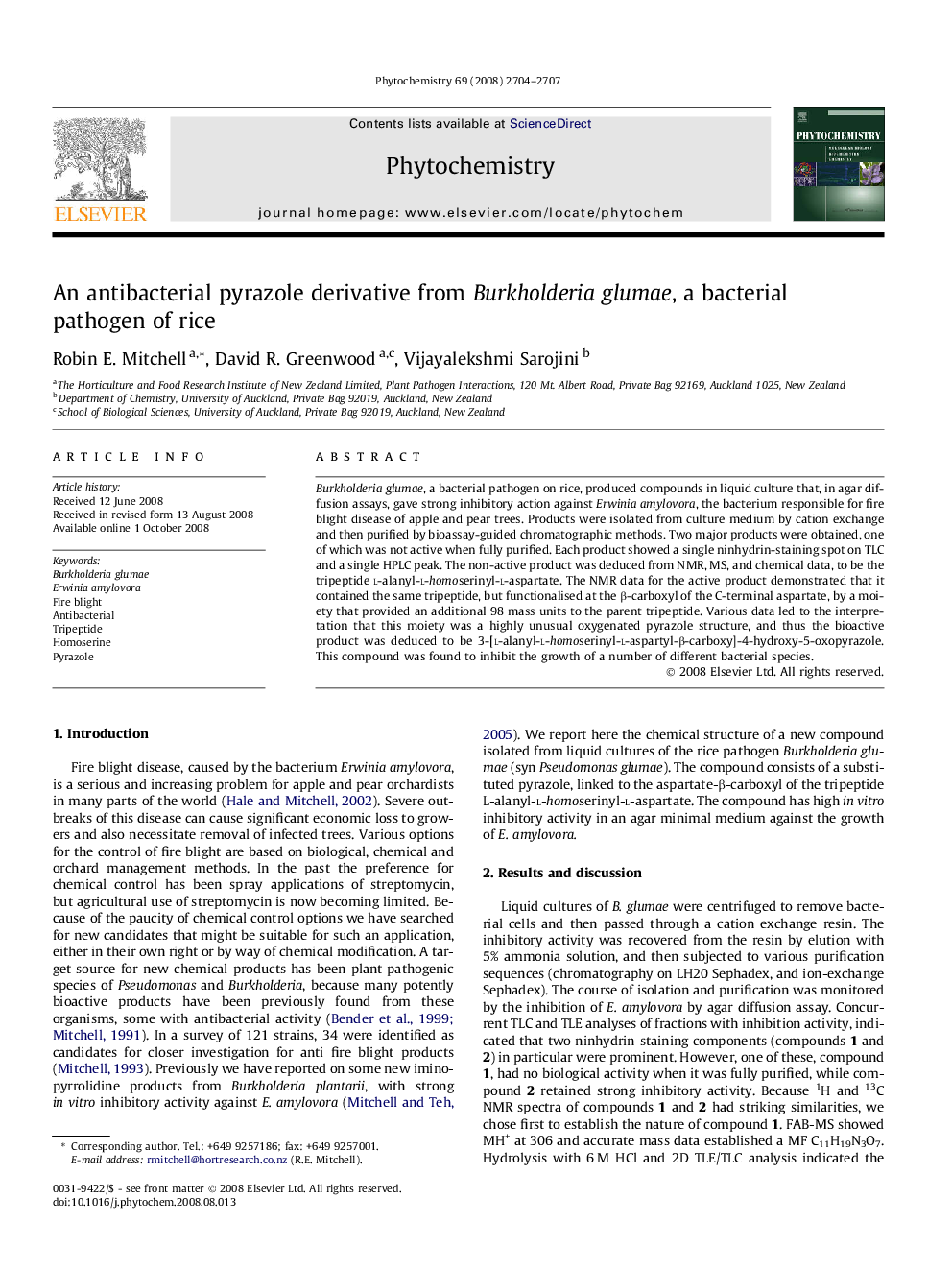 An antibacterial pyrazole derivative from Burkholderia glumae, a bacterial pathogen of rice