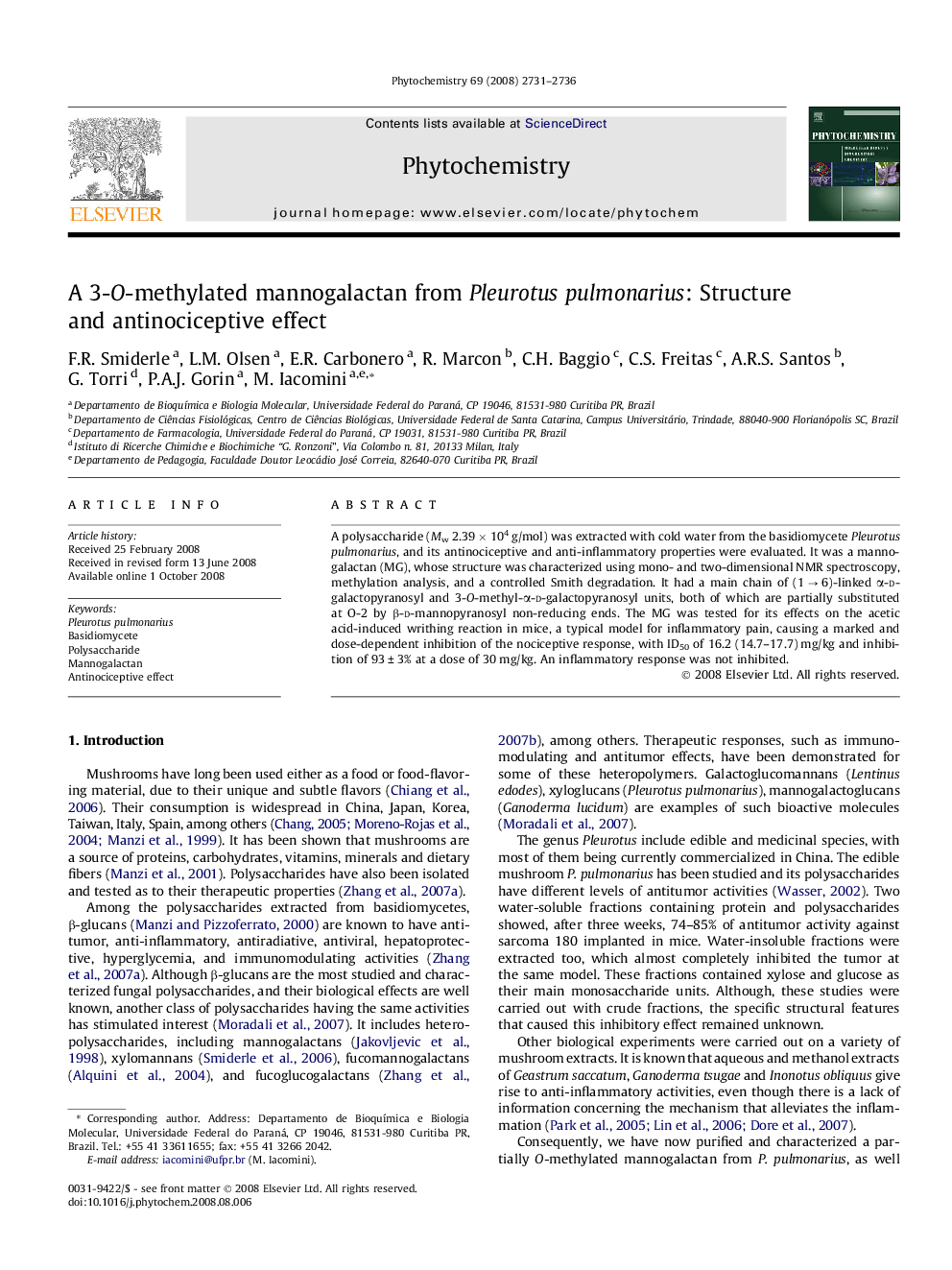 A 3-O-methylated mannogalactan from Pleurotus pulmonarius: Structure and antinociceptive effect