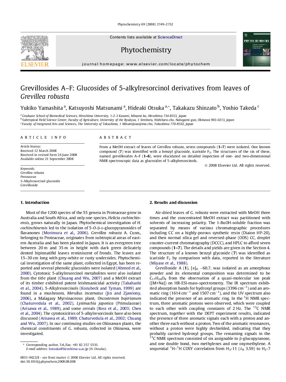 Grevillosides A-F: Glucosides of 5-alkylresorcinol derivatives from leaves of Grevillea robusta