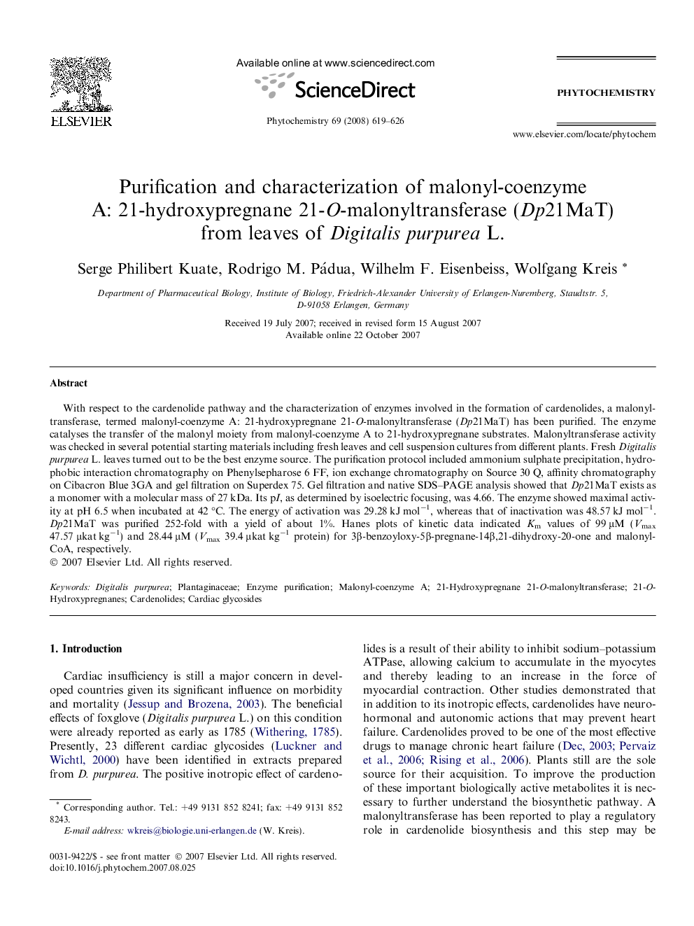 Purification and characterization of malonyl-coenzyme A: 21-hydroxypregnane 21-O-malonyltransferase (Dp21MaT) from leaves of Digitalis purpurea L.