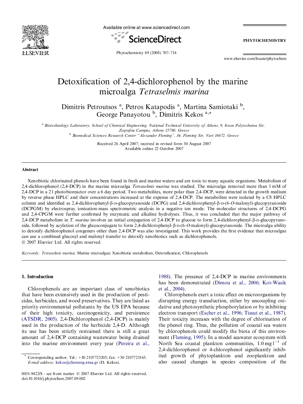 Detoxification of 2,4-dichlorophenol by the marine microalga Tetraselmis marina