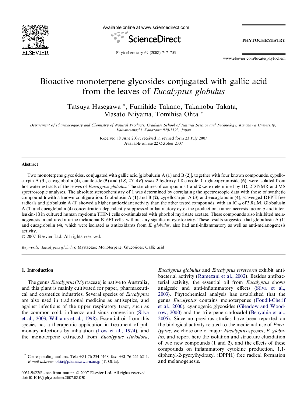 Bioactive monoterpene glycosides conjugated with gallic acid from the leaves of Eucalyptus globulus