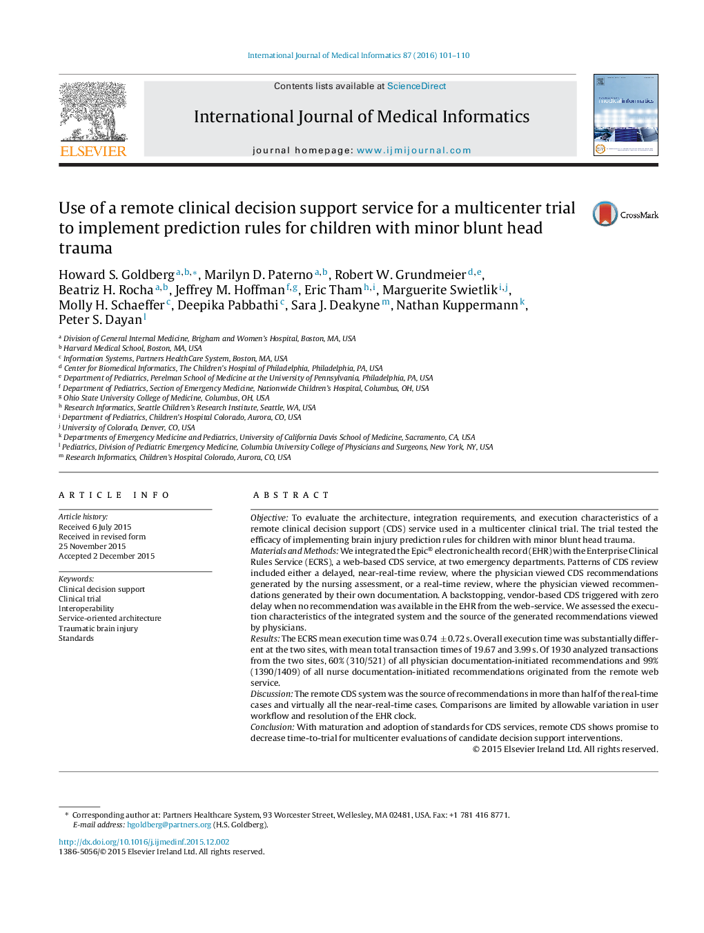 Use of a remote clinical decision support service for a multicenter trial to implement prediction rules for children with minor blunt head trauma