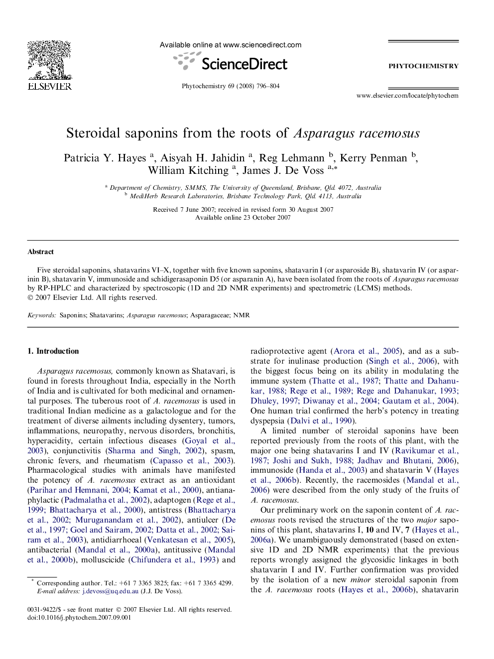 Steroidal saponins from the roots of Asparagus racemosus