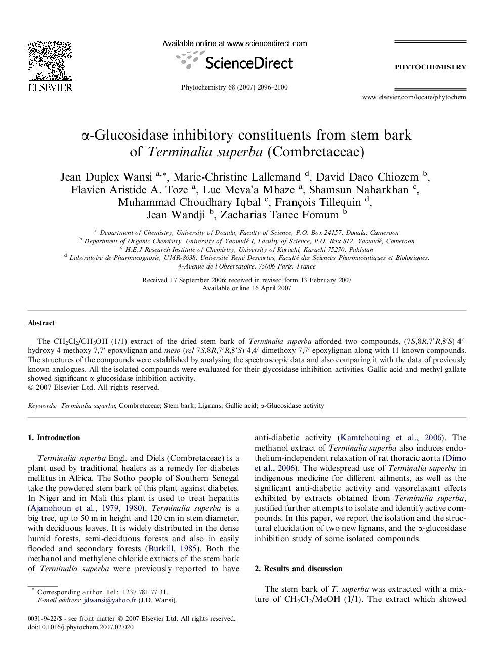 Î±-Glucosidase inhibitory constituents from stem bark of Terminalia superba (Combretaceae)