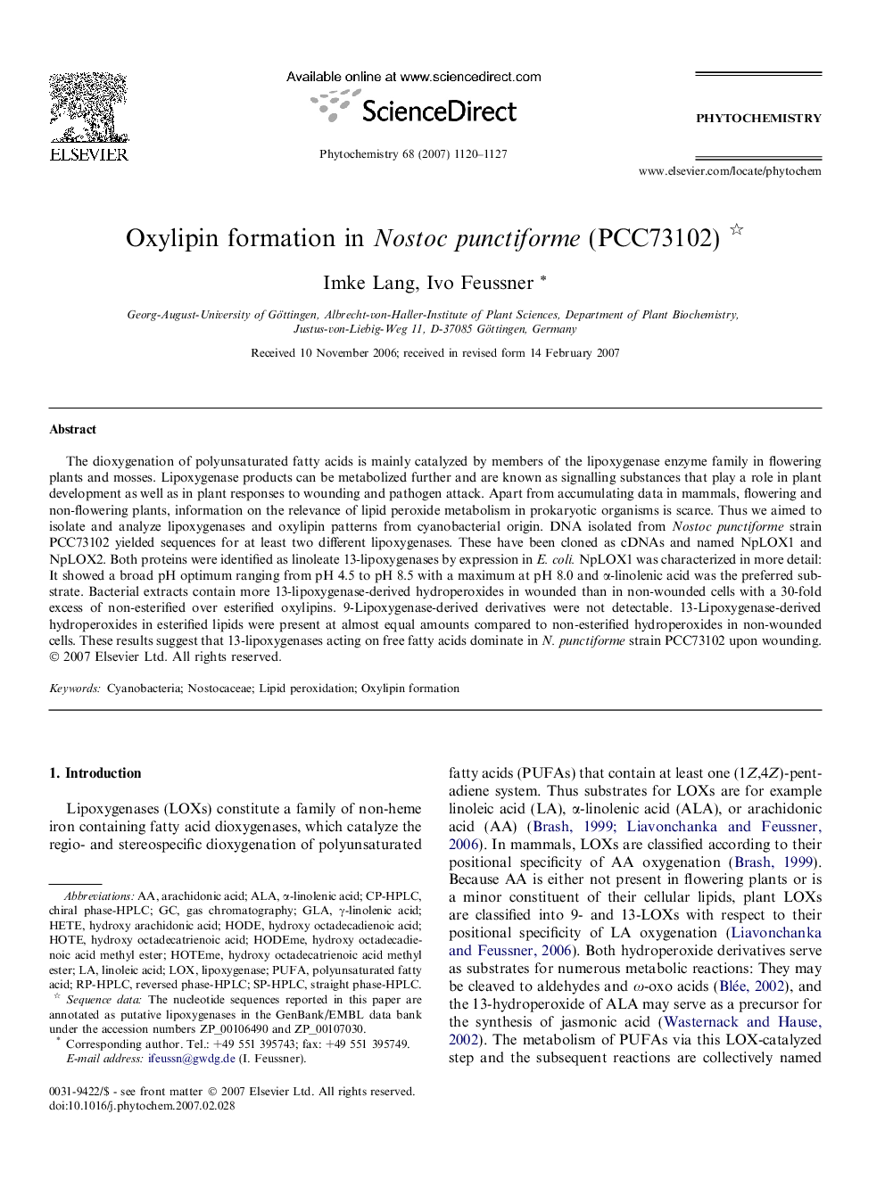 Oxylipin formation in Nostoc punctiforme (PCC73102)