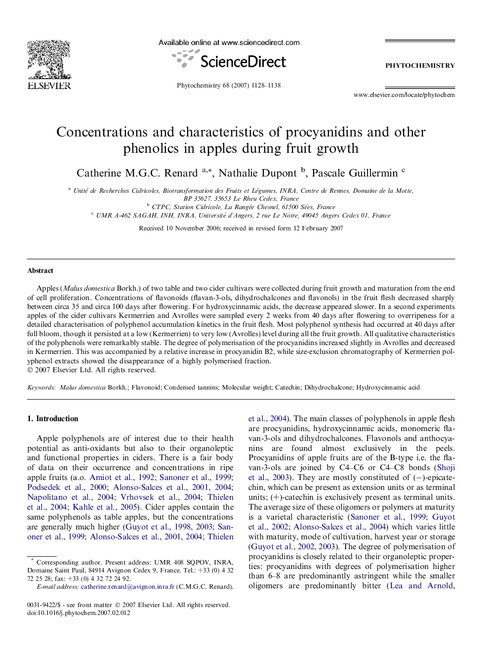 Concentrations and characteristics of procyanidins and other phenolics in apples during fruit growth