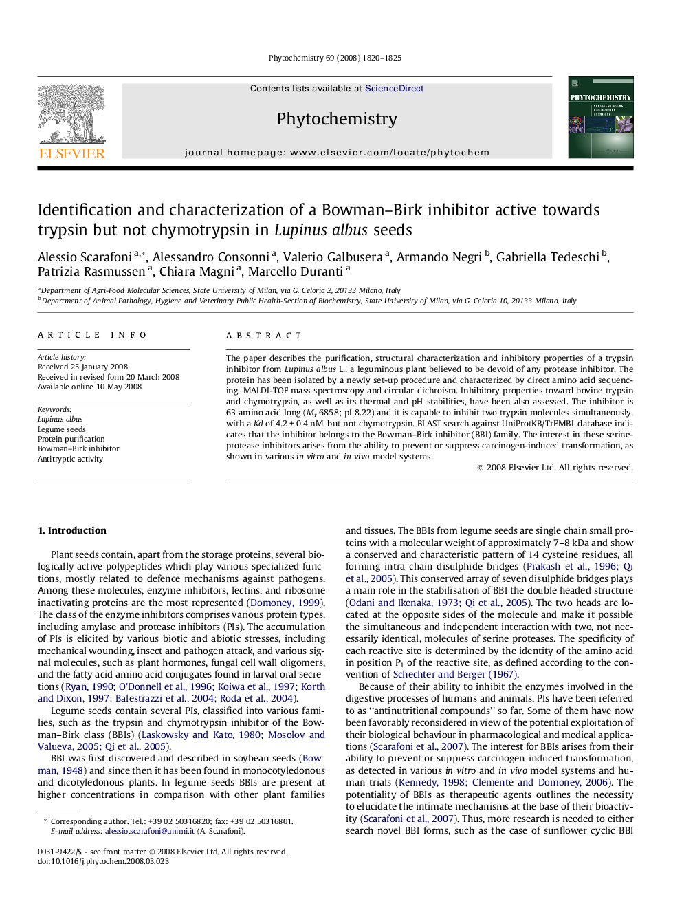 Identification and characterization of a Bowman-Birk inhibitor active towards trypsin but not chymotrypsin in Lupinus albus seeds