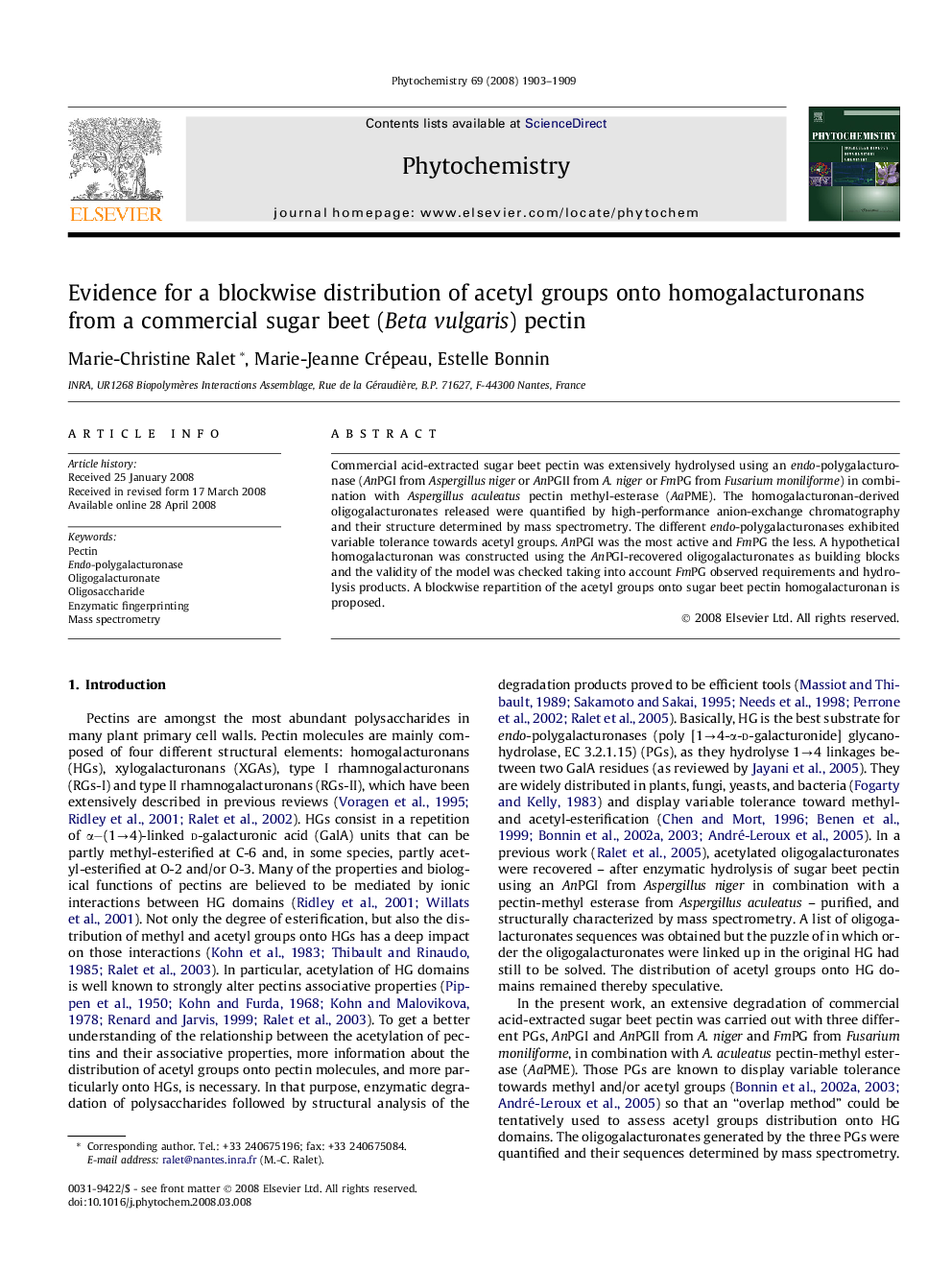 Evidence for a blockwise distribution of acetyl groups onto homogalacturonans from a commercial sugar beet (Beta vulgaris) pectin