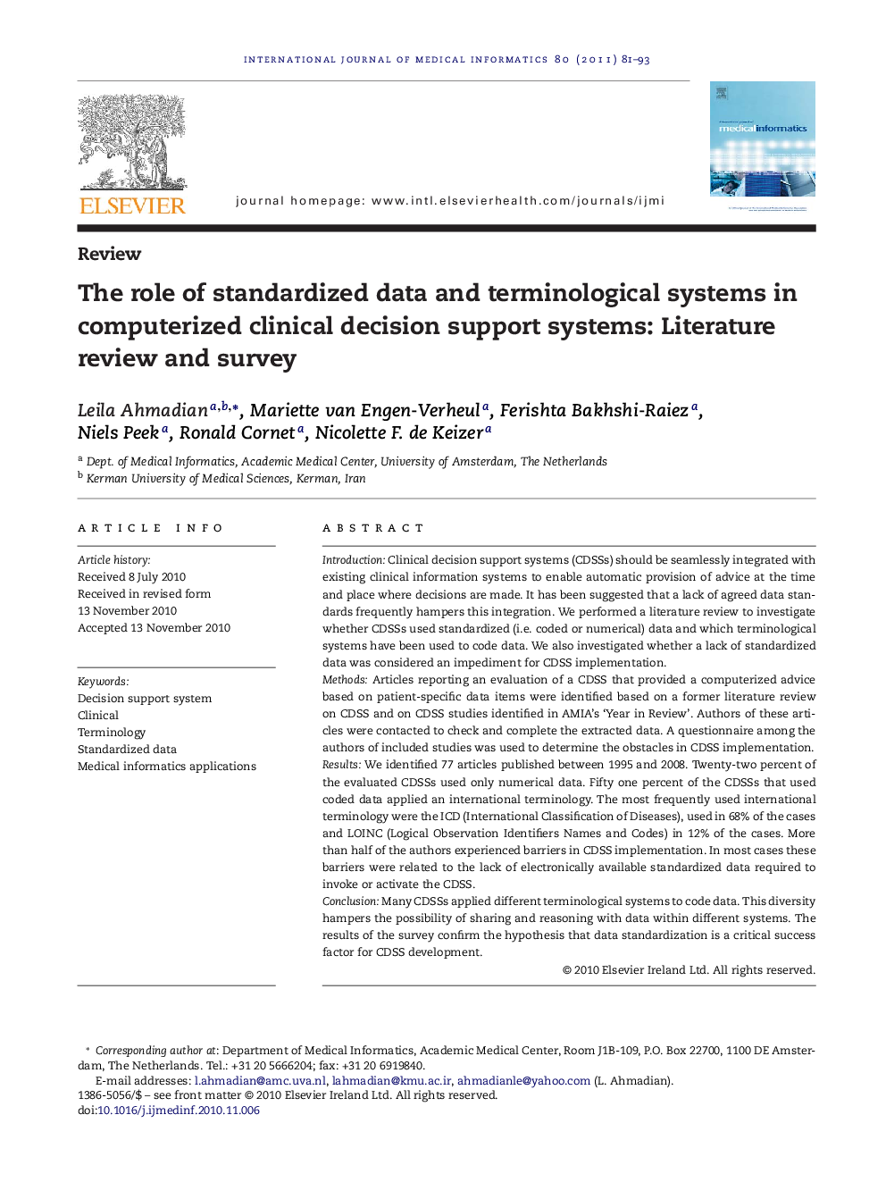 The role of standardized data and terminological systems in computerized clinical decision support systems: Literature review and survey