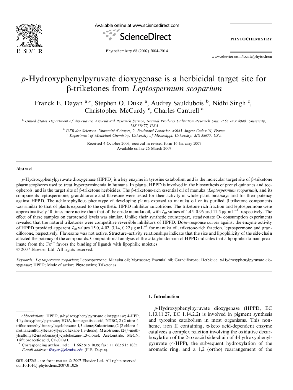 p-Hydroxyphenylpyruvate dioxygenase is a herbicidal target site for Î²-triketones from Leptospermum scoparium