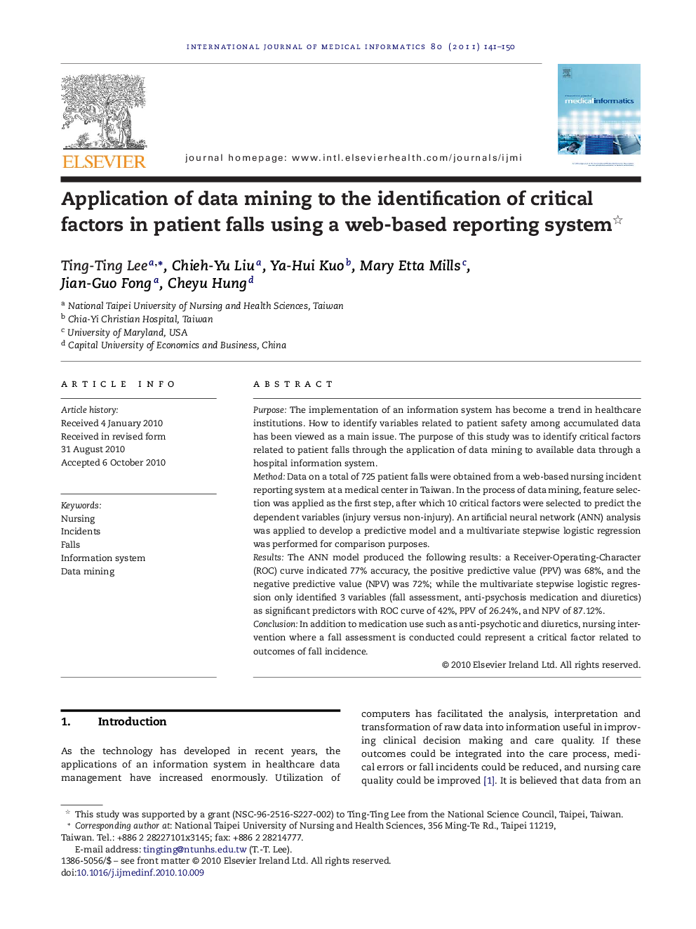 Application of data mining to the identification of critical factors in patient falls using a web-based reporting system 