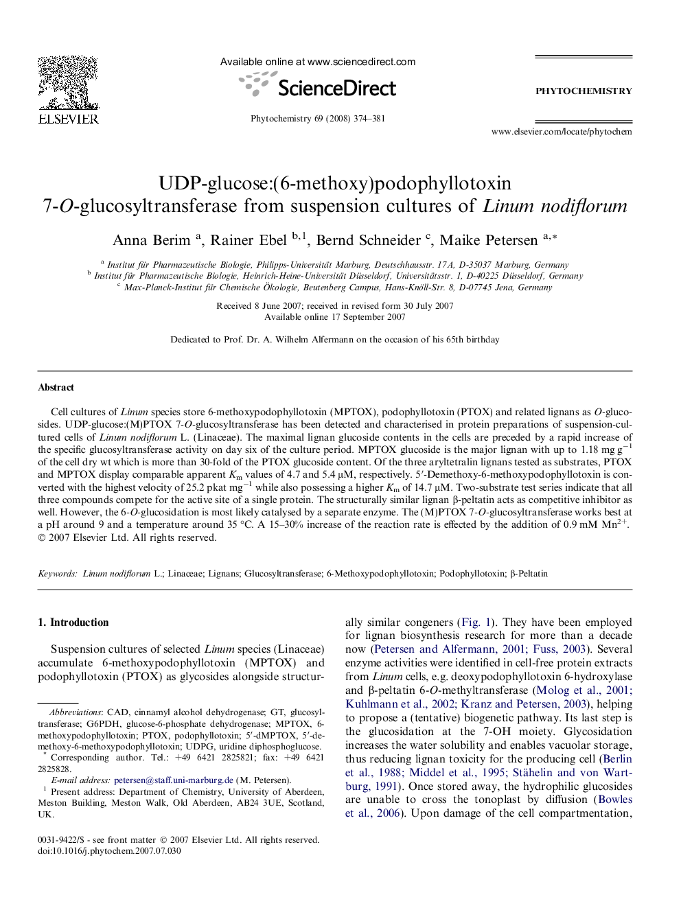 UDP-glucose:(6-methoxy)podophyllotoxin 7-O-glucosyltransferase from suspension cultures of Linum nodiflorum